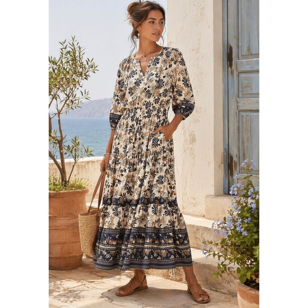 Treasure & Bond Tiered Maxi Dress Coastal Boho Cotton Pockets Smocked M